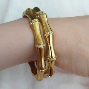 Two Gold Toned Bangle Bracelets with Rhinestone Chips